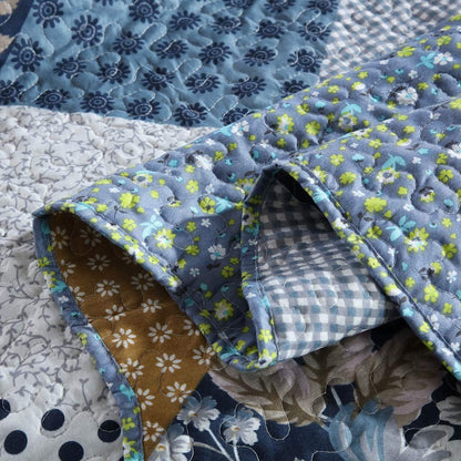 Microfiber Reversible Quilt, Sham in Blue Checked Floral Pattern