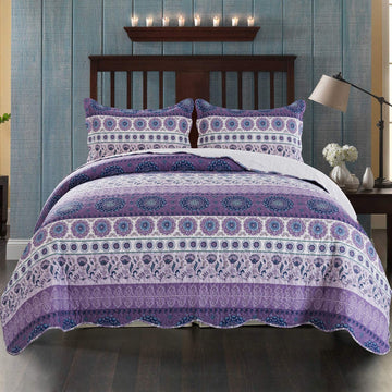 Cuvertură reversibilă din microfibră, șablon în model mov cu medalion Boho
