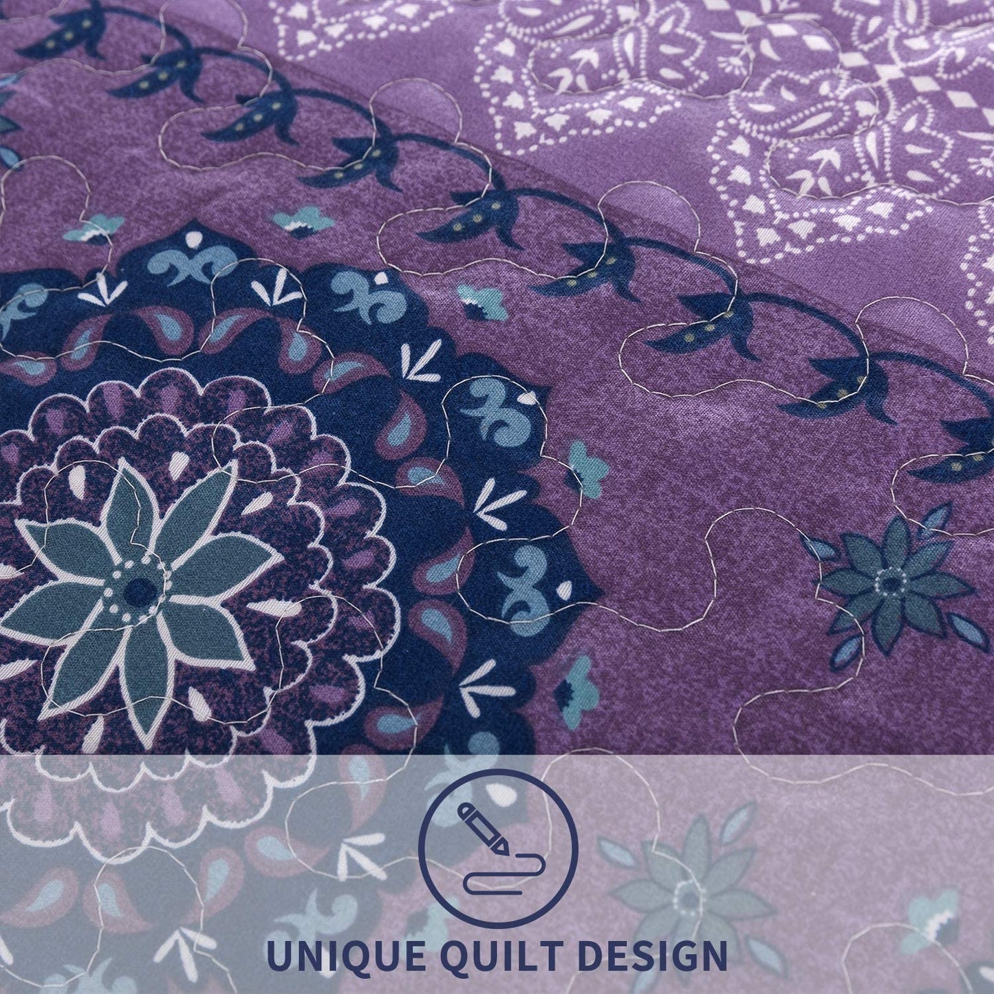 Microfiber Reversible Quilt,Sham in Purple Boho Medallion Pattern