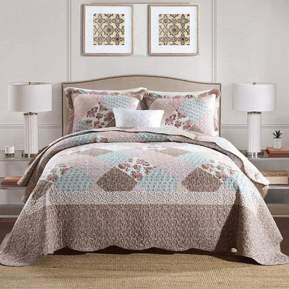 Microfiber Reversible Quilt,Sham in Brown Checked Floral Pattern