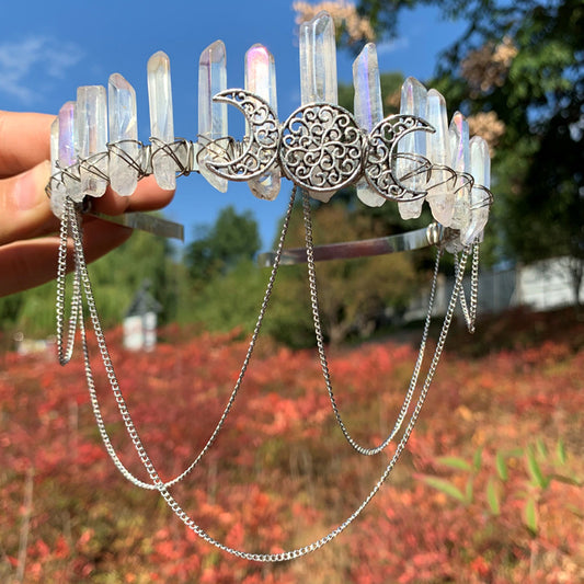 Natural Clear Crystal Crown Moon Goddess Headpiece Wedding Party Hairband
