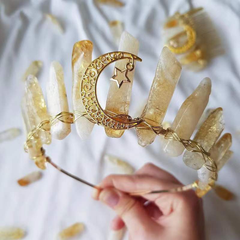 Natural Crystal Crown Moon Goddess Headpiece Wedding Party Hairband