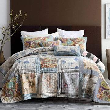 Set cuvertură de pat din bumbac cu broderie reală cusută, model floral clasic, dimensiune Queen/King