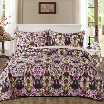 Microfiber Quilt Bedspread Sets-Flower Floral Forest Pattern Reversible Coverlet Set,Queen Size