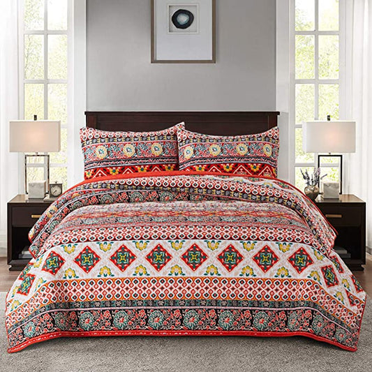 100% Cotton Bedspread Quilt Sets-Reversible Patchwork Coverlet Set, European Boho Striped Pattern, Queen/King Size