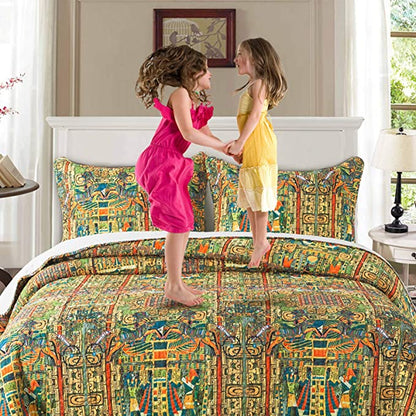 Microfiber Quilt Bedspread Sets-Egyptian Tribes Farming Pattern Reversible Coverlet Set,Queen Size