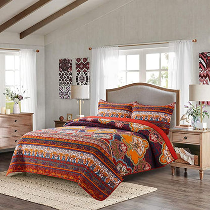 100% Cotton Bedspread Quilt Sets-Reversible Patchwork Coverlet Set, European Boho Striped Pattern, Queen/King Size