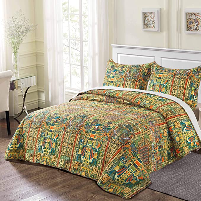 Microfiber Quilt Bedspread Sets-Egyptian Tribes Farming Pattern Reversible Coverlet Set,Queen Size