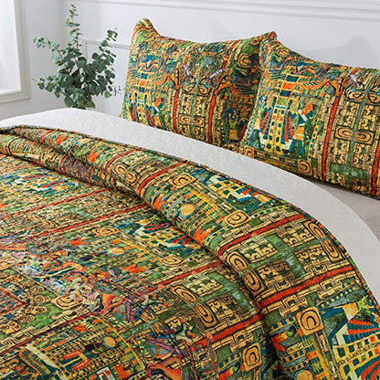 Microfiber Quilt Bedspread Sets-Egyptian Tribes Farming Pattern Reversible Coverlet Set,Queen Size