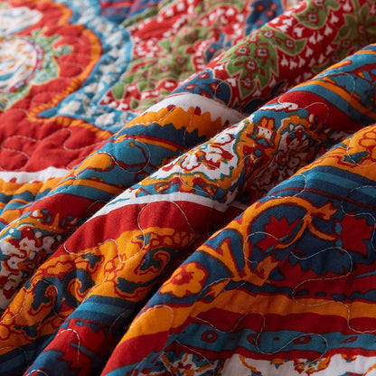100% Cotton Bedspread Quilt Sets-Reversible Patchwork Coverlet Set, European Boho Striped Pattern, Queen/King Size