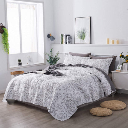 Microfiber Quilt Bedspread Sets-Painted Floral Vase Pattern Reversible Coverlet Set,Queen Size