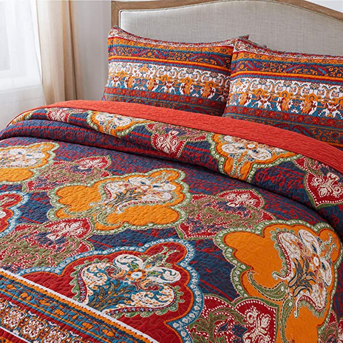 100% Cotton Bedspread Quilt Sets-Reversible Patchwork Coverlet Set, European Boho Striped Pattern, Queen/King Size