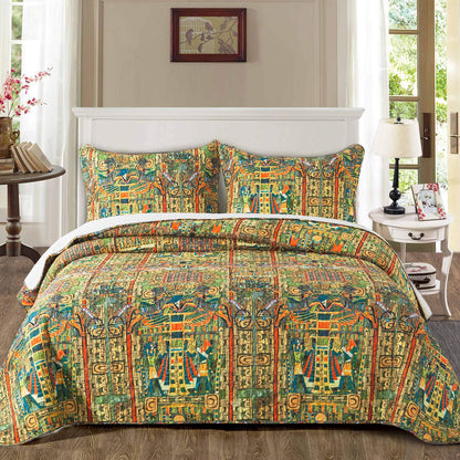 Microfiber Quilt Bedspread Sets-Egyptian Tribes Farming Pattern Reversible Coverlet Set,Queen Size