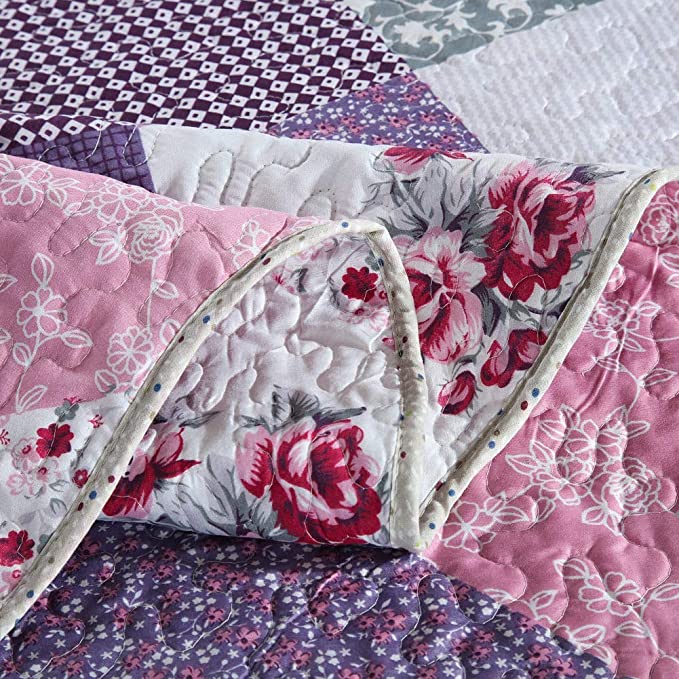 Microfiber Bedspread Quilt Sets Purple Floral Patchwork Lightweight Coverlet Set with Shams Reversible Quilted Bedding Set
