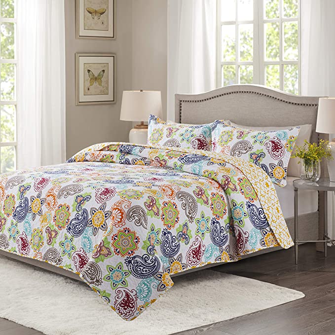 Cotton Bedspread Quilt Set Lightweight Coverlet Set with Shams Reversible Quilted Bedding Set, Bloom Floral