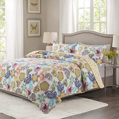 Cotton Bedspread Quilt Set Lightweight Coverlet Set with Shams Reversible Quilted Bedding Set, Bloom Floral