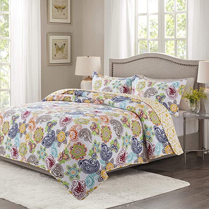 Set cuvertură de pat din bumbac Set cuvertură ușoară cu pături Set lenjerie de pat matlasată reversibil, Bloom Floral 
