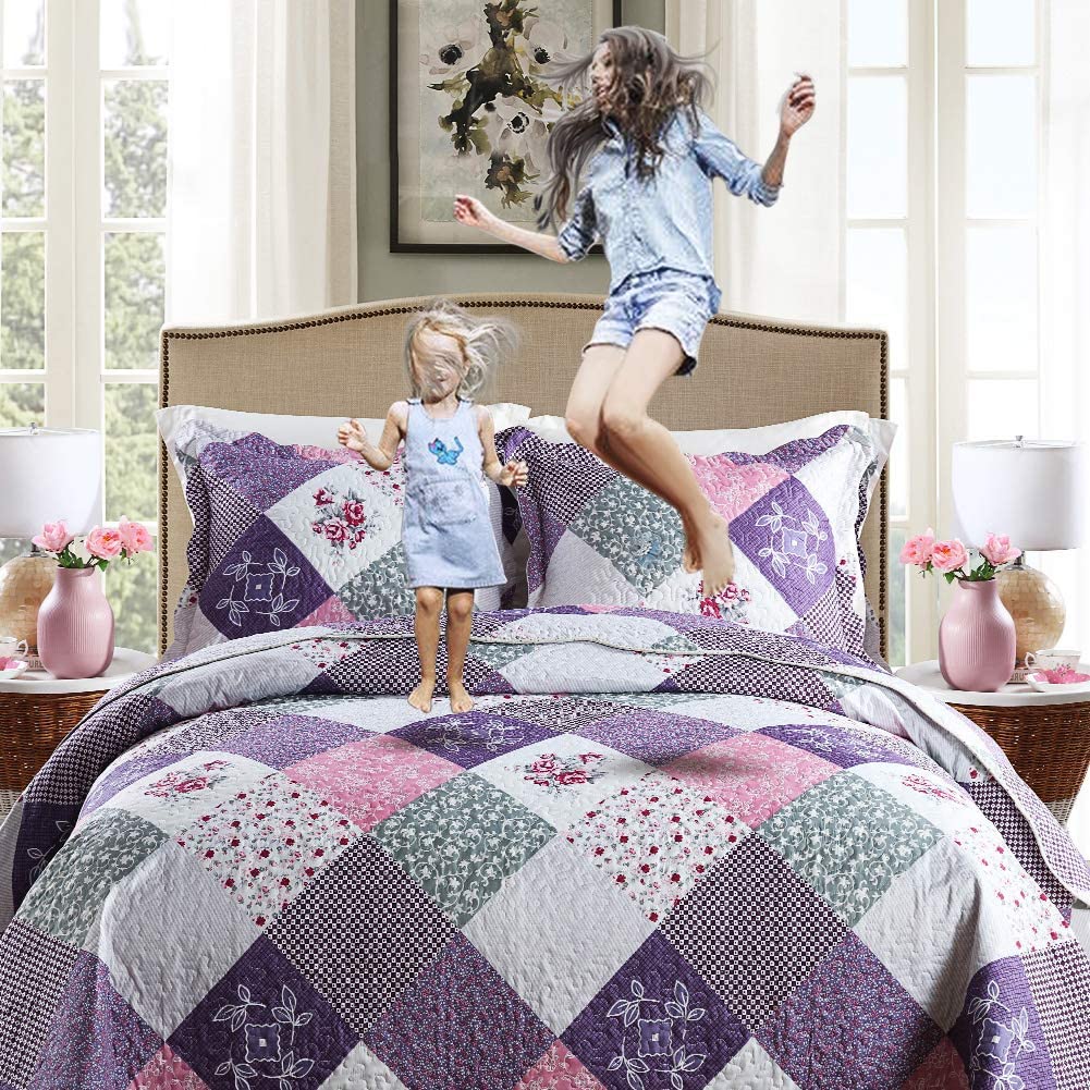 Microfiber Bedspread Quilt Sets Purple Floral Patchwork Lightweight Coverlet Set with Shams Reversible Quilted Bedding Set