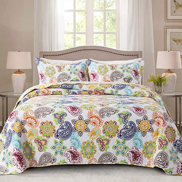 Set cuvertură de pat din bumbac Set cuvertură ușoară cu pături Set lenjerie de pat matlasată reversibil, Bloom Floral 