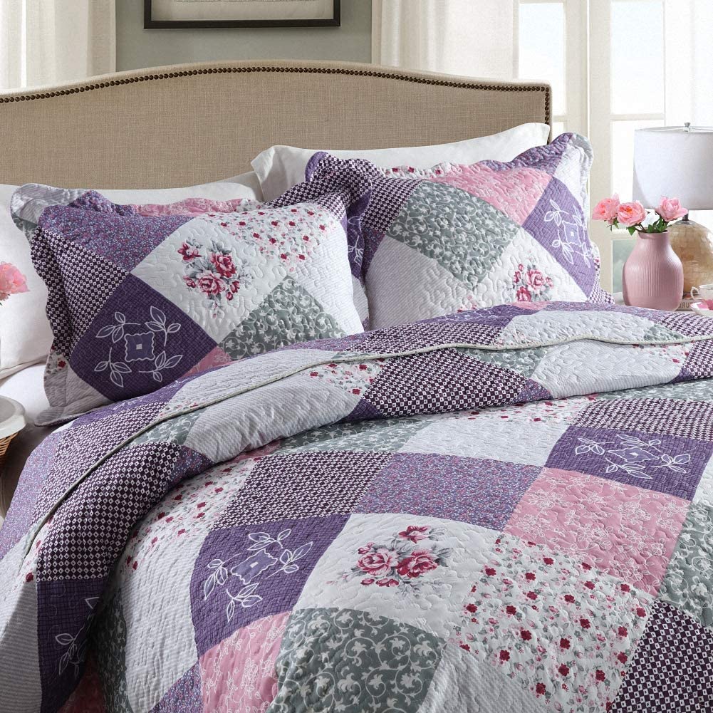 Microfiber Bedspread Quilt Sets Purple Floral Patchwork Lightweight Coverlet Set with Shams Reversible Quilted Bedding Set