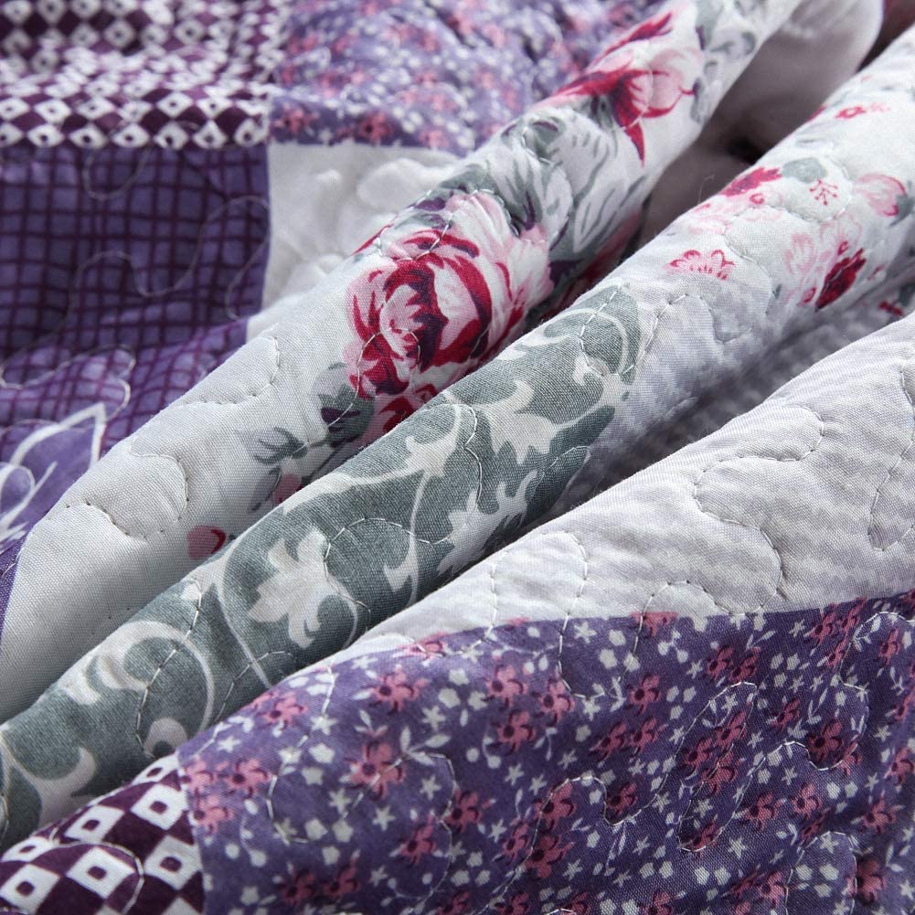 Microfiber Bedspread Quilt Sets Purple Floral Patchwork Lightweight Coverlet Set with Shams Reversible Quilted Bedding Set