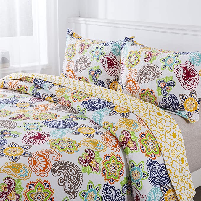 Cotton Bedspread Quilt Set Lightweight Coverlet Set with Shams Reversible Quilted Bedding Set, Bloom Floral