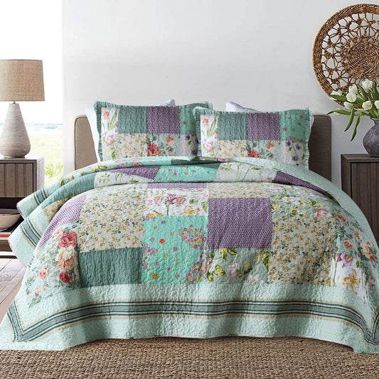 Cotton Bedspread Quilt Set with Real Stitched Embroidery Green Rustic Floral Pattern