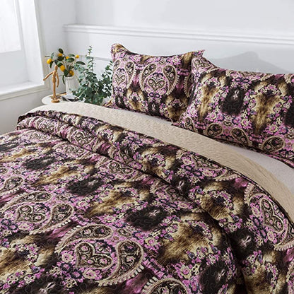 Microfiber Quilt Bedspread Sets-Flower Floral Forest Pattern Reversible Coverlet Set,Queen Size