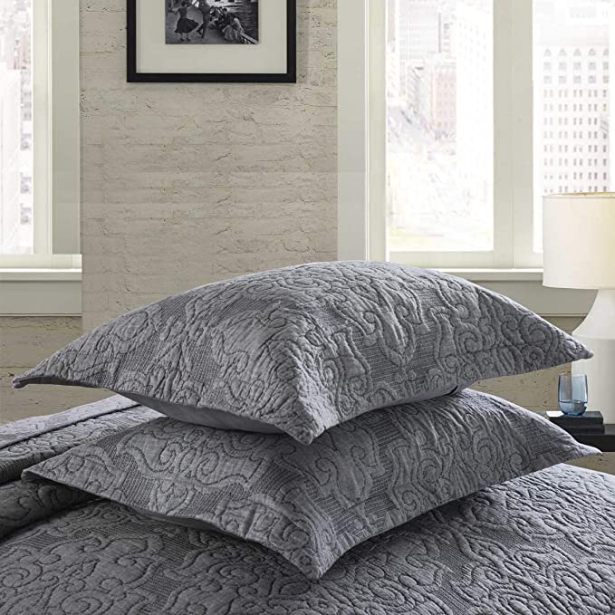 Microfiber Reversible Quilt Bedspread Coverlet Set,Jacquard Embossed Floral,Grey, Queen Size