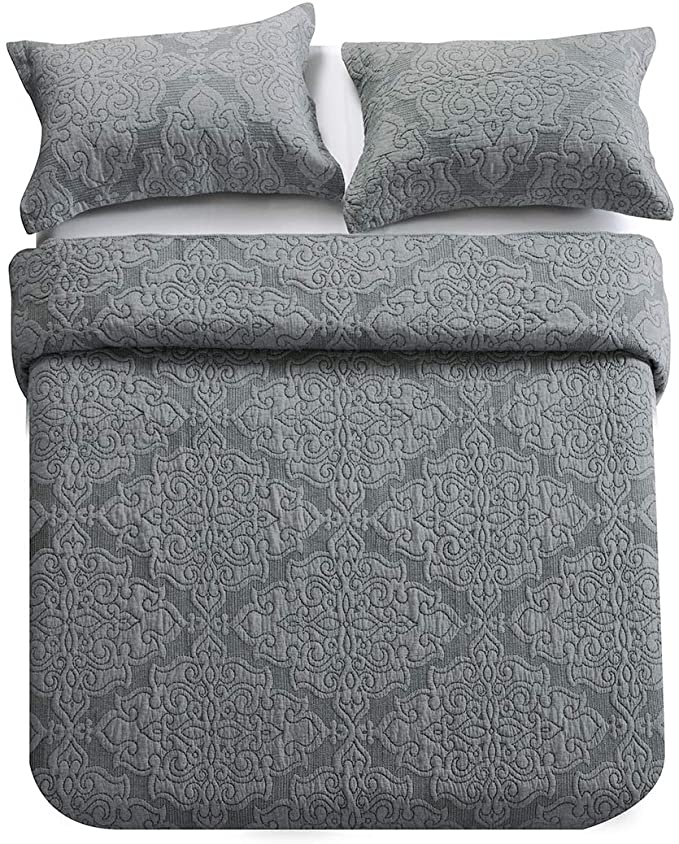 Microfiber Reversible Quilt Bedspread Coverlet Set,Jacquard Embossed Floral,Grey, Queen Size