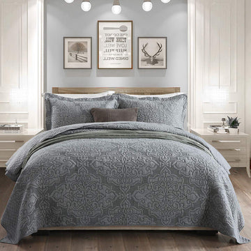 Set cuvertură de pat reversabilă din microfibră, cu flori în relief cu jacquard, gri, dimensiune Queen 