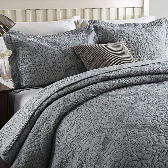 Microfiber Reversible Quilt Bedspread Coverlet Set,Jacquard Embossed Floral,Grey, Queen Size