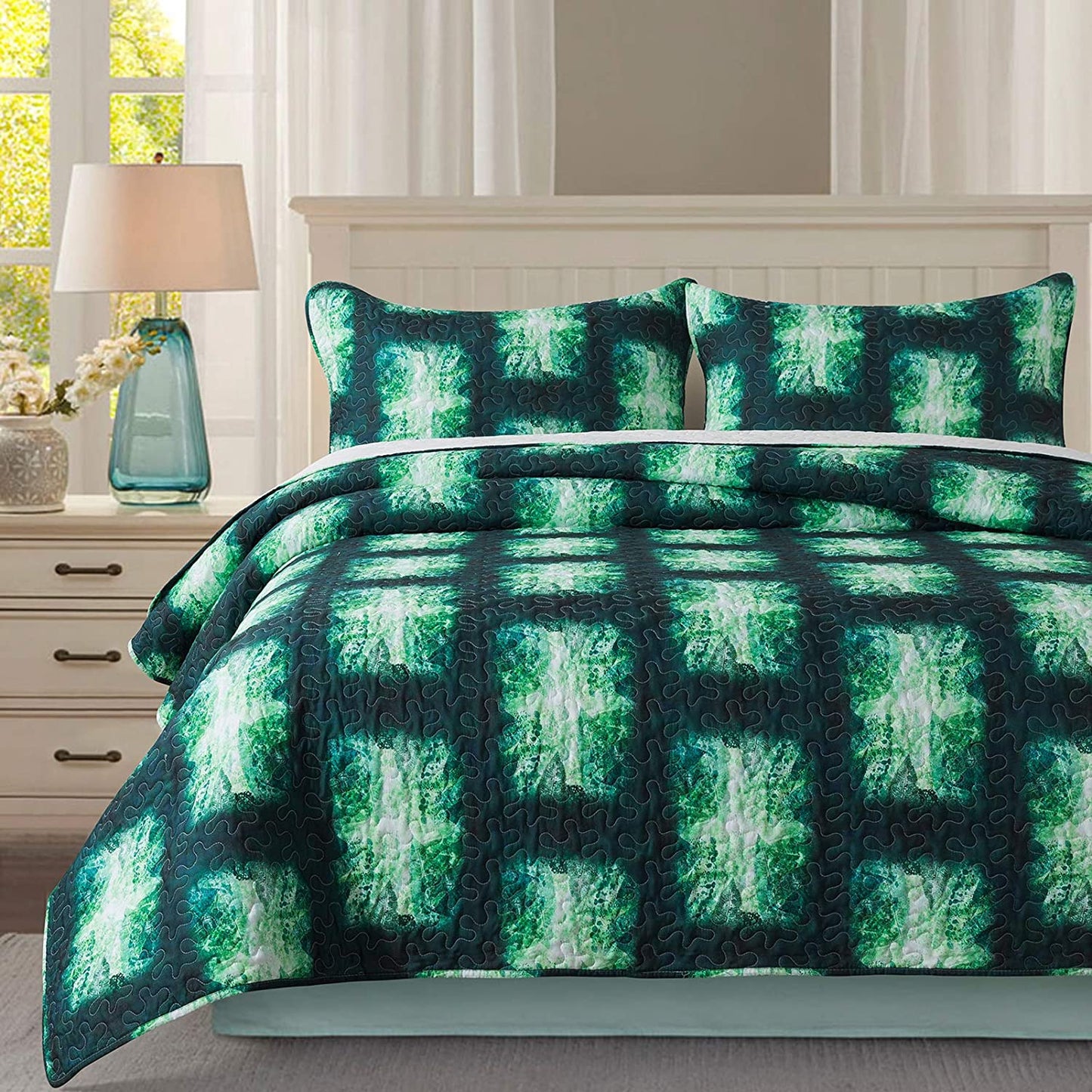 Microfiber Quilt Bedspread Sets-Green Trees Leaves Pattern Reversible Coverlet Set,Queen Size