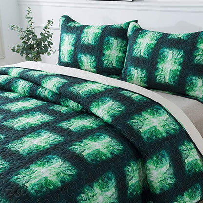 Microfiber Quilt Bedspread Sets-Green Trees Leaves Pattern Reversible Coverlet Set,Queen Size