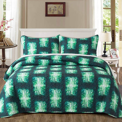 Microfiber Quilt Bedspread Sets-Green Trees Leaves Pattern Reversible Coverlet Set,Queen Size
