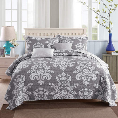 Cotton Reversible Quilt,Sham in Grey Floral & Stripe Pattern