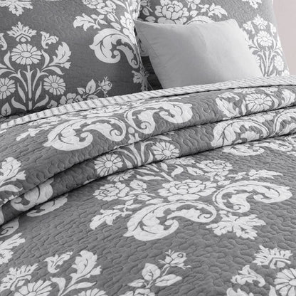 Cotton Reversible Quilt,Sham in Grey Floral & Stripe Pattern