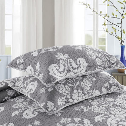 Cotton Reversible Quilt,Sham in Grey Floral & Stripe Pattern