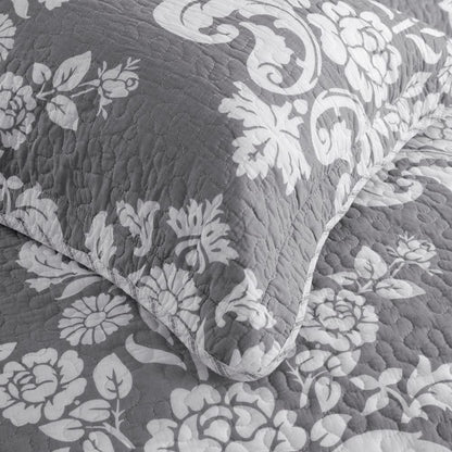 Cotton Reversible Quilt,Sham in Grey Floral & Stripe Pattern