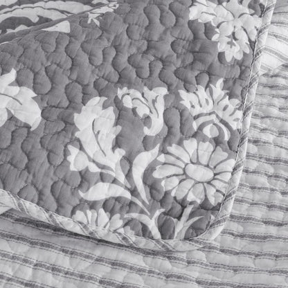 Cotton Reversible Quilt,Sham in Grey Floral & Stripe Pattern