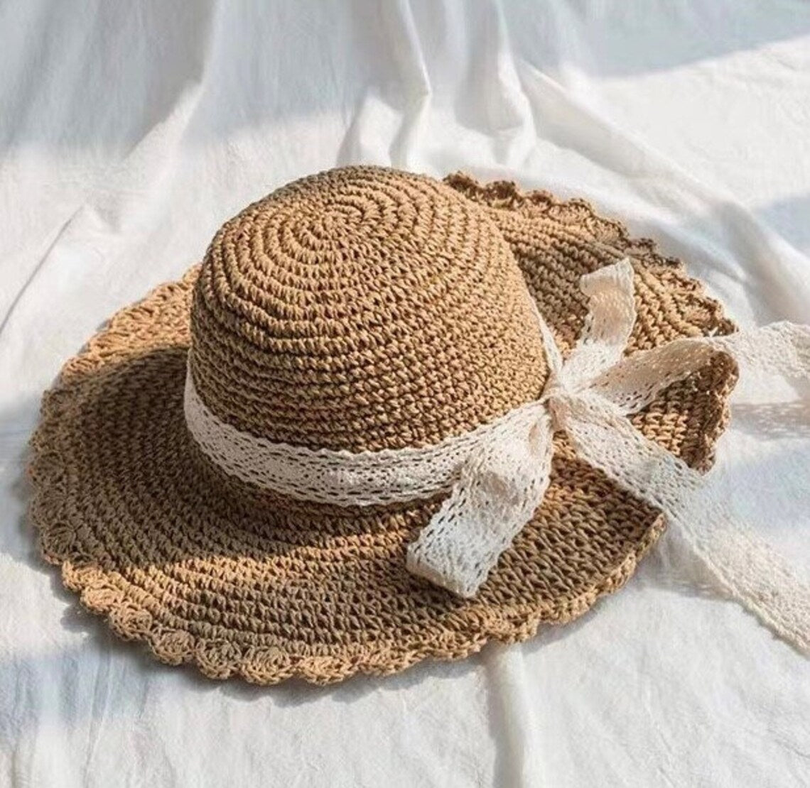 Lace Streamers Big Brim Hand Woven Summer Women Dome Sun Straw Hat