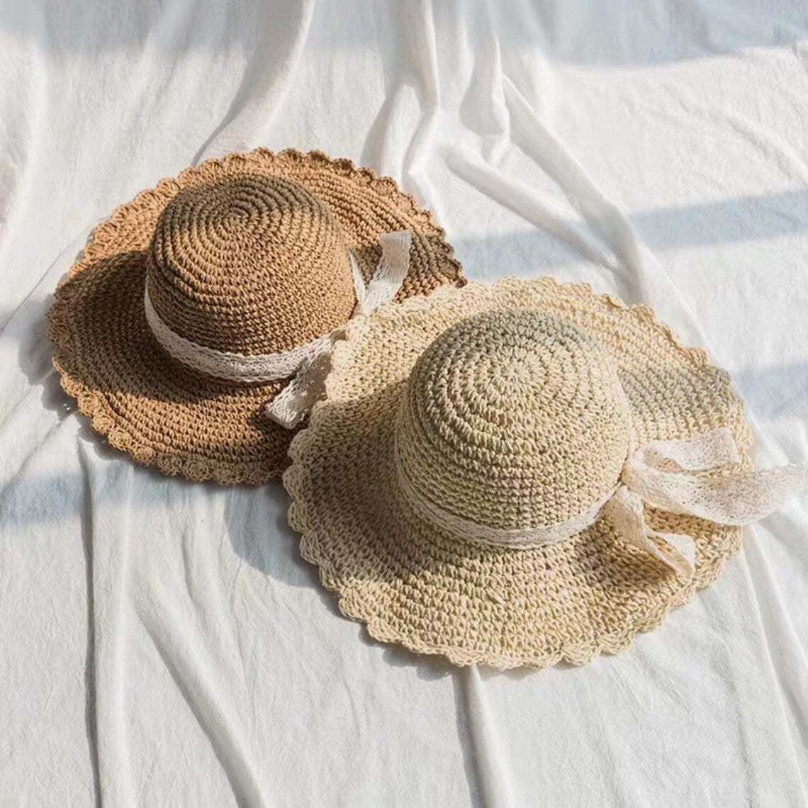 Lace Streamers Big Brim Hand Woven Summer Women Dome Sun Straw Hat