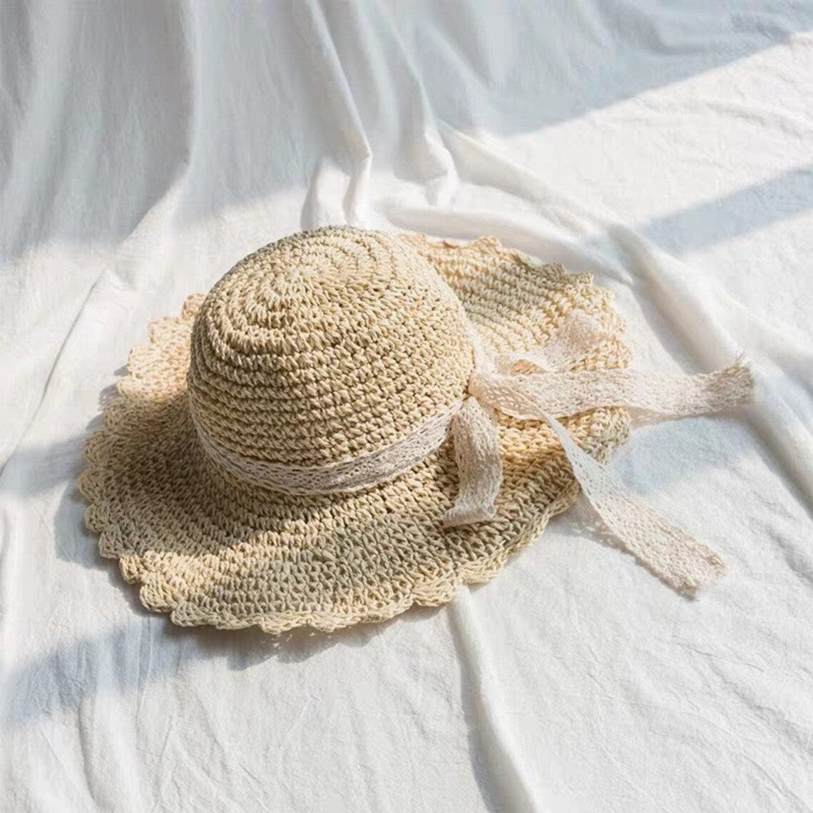 Lace Streamers Big Brim Hand Woven Summer Women Dome Sun Straw Hat