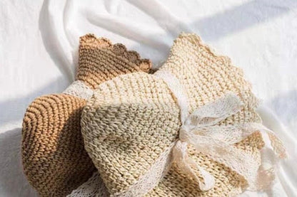 Lace Streamers Big Brim Hand Woven Summer Women Dome Sun Straw Hat