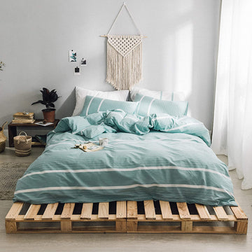 Husă de confort 100% bumbac spălat, aspect natural șifonat, cu închidere cu fermoar și legături de colț, verde, Queen/King Size