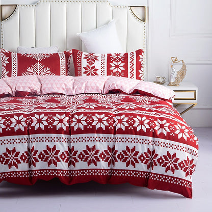 Christmas Snow Design Red Duvet Cover Pillowcase Set