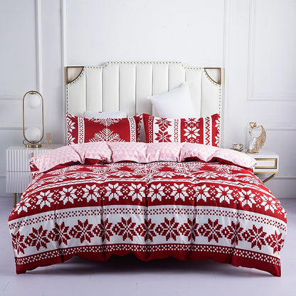 Christmas Snow Design Red Duvet Cover Pillowcase Set