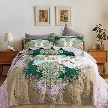 Microfiber Quilt Bedspread Sets-Paisley Garden Pattern Reversible Coverlet Set