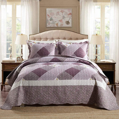 Microfiber Reversible Quilt, Sham in Purple Checked Floral Pattern