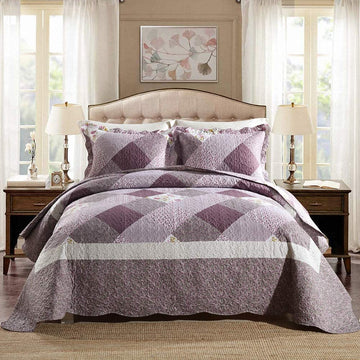 Cuvertură reversibilă din microfibră, cuvertură cu model floral în carouri violet